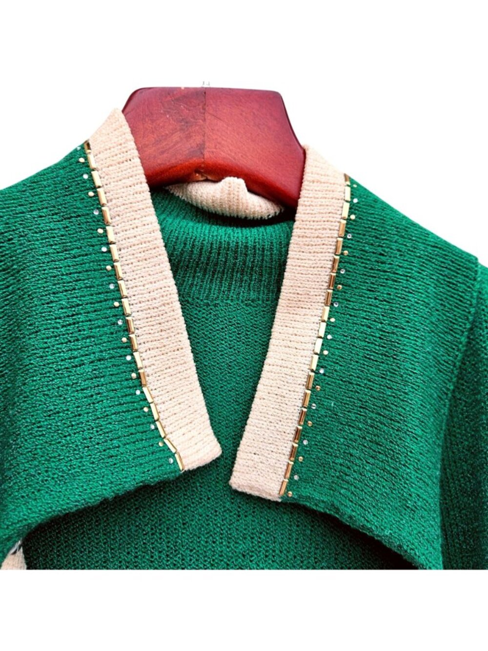 Vintage 80s Rich Levy Green Wool Knit Cardigan Leopard Brooch Womens L - Picture 14 of 14